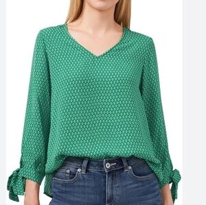 CeCe Green V-Neck Blouse with Bow Sleeves